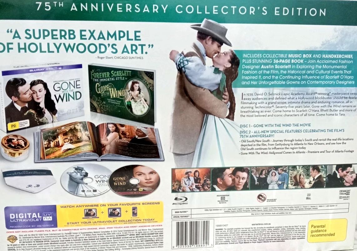 Gone With The Wind 75th Anniversary Collectors Edition Blu-Ray DVD Boxset + Book + Rhett Butler Handkerchief + Music Box