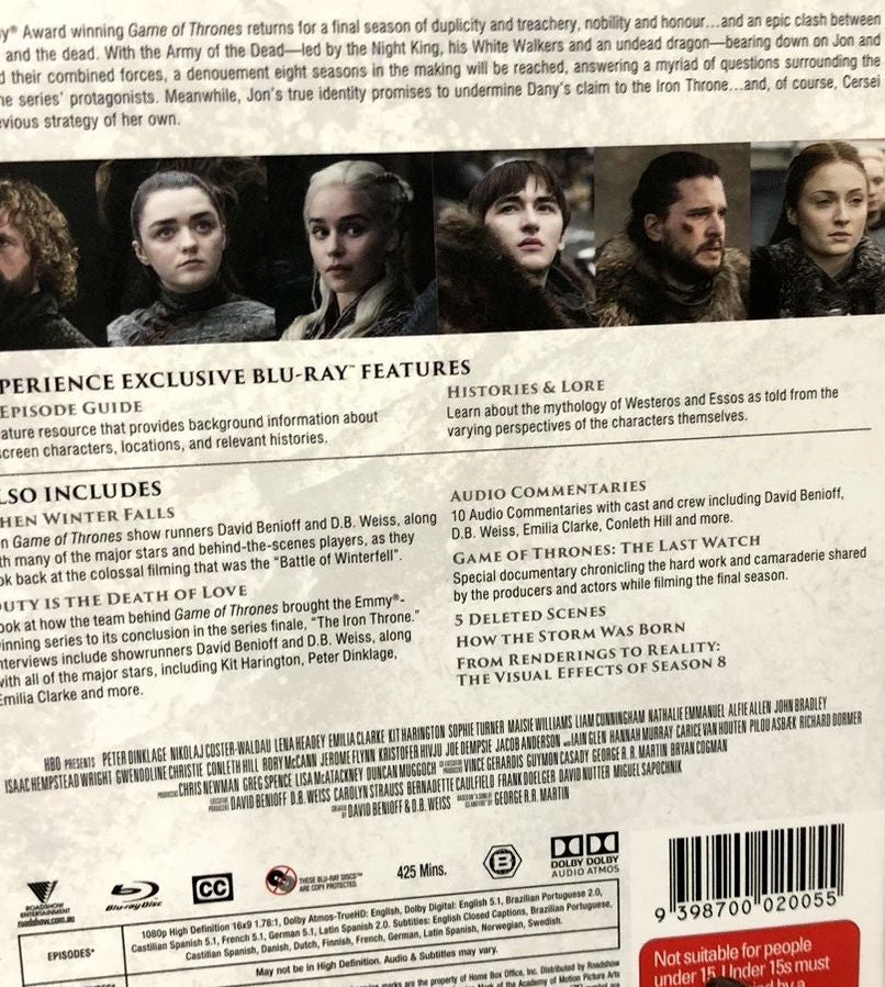 Game Of Thrones Complete Season 8 4 Disc Blu-Ray DVD Set w/Bonus Disc & Slipcase (New)