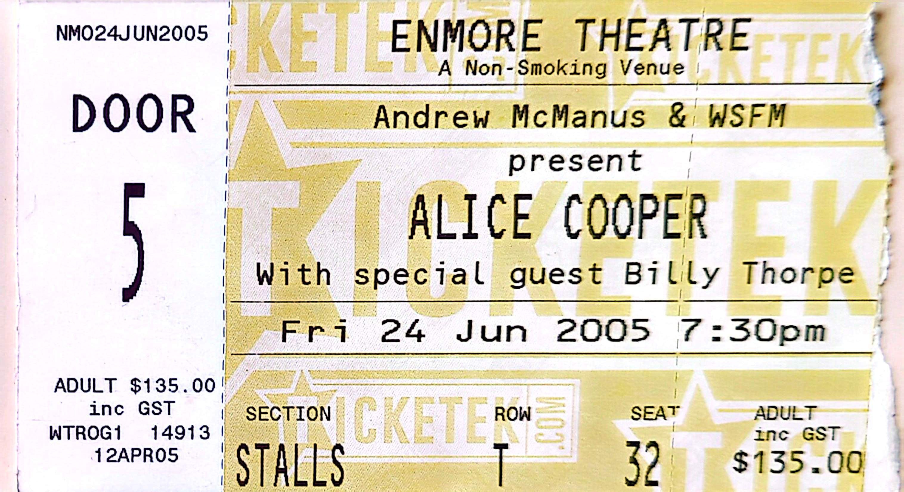 Alice Cooper - 2005 Original Vintage Concert Ticket Seat #32