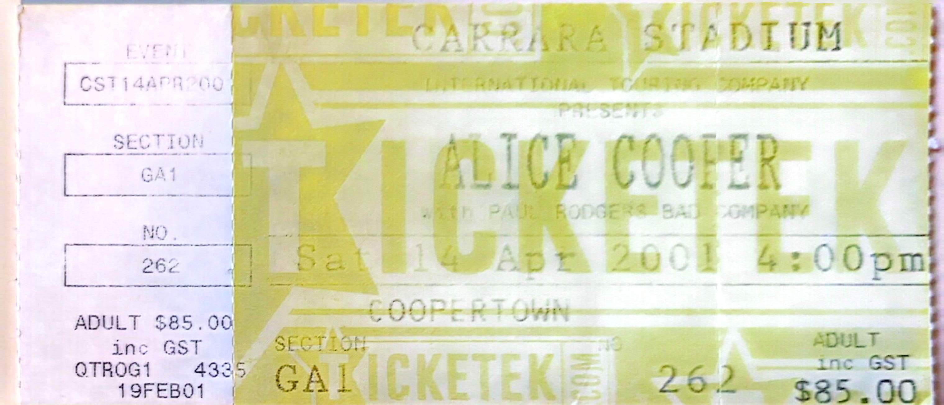 Alice Cooper - 2001 Original Vintage Concert Ticket Seat GA262