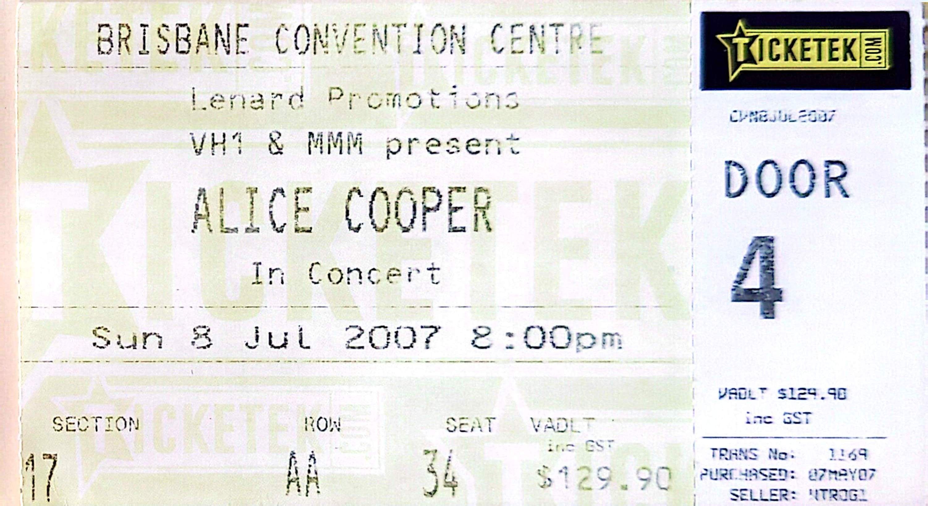 Alice Cooper - 2007  Original Vintage Concert Ticket Seat 34