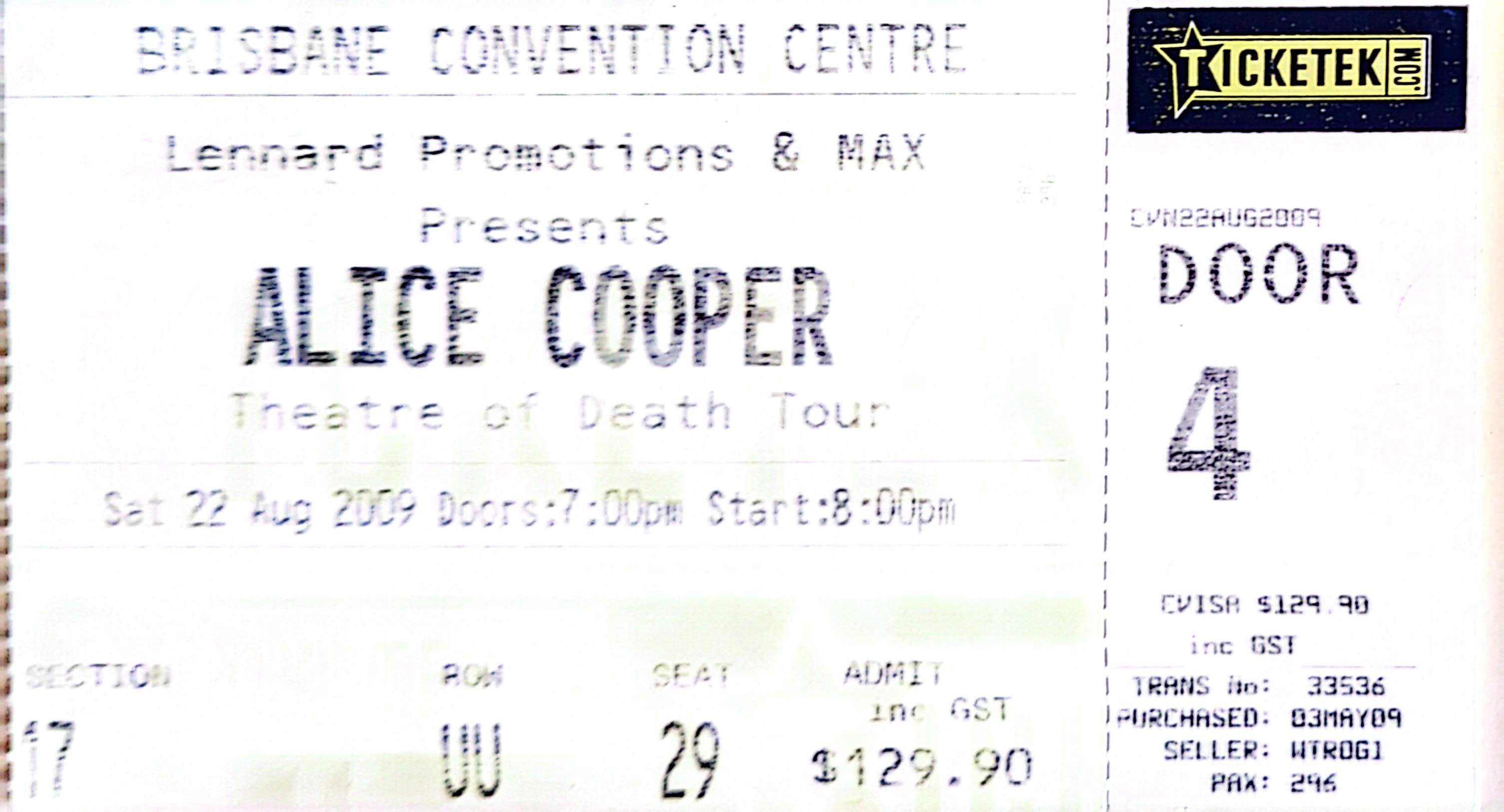 Alice Cooper - 2009 -  Original Vintage Concert Ticket Seat 29