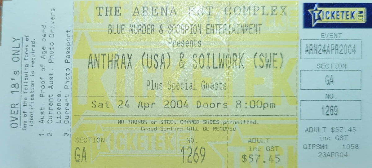 Anthrax & Soilwork - 2004 Original Vintage Concert Ticket Seat #1269
