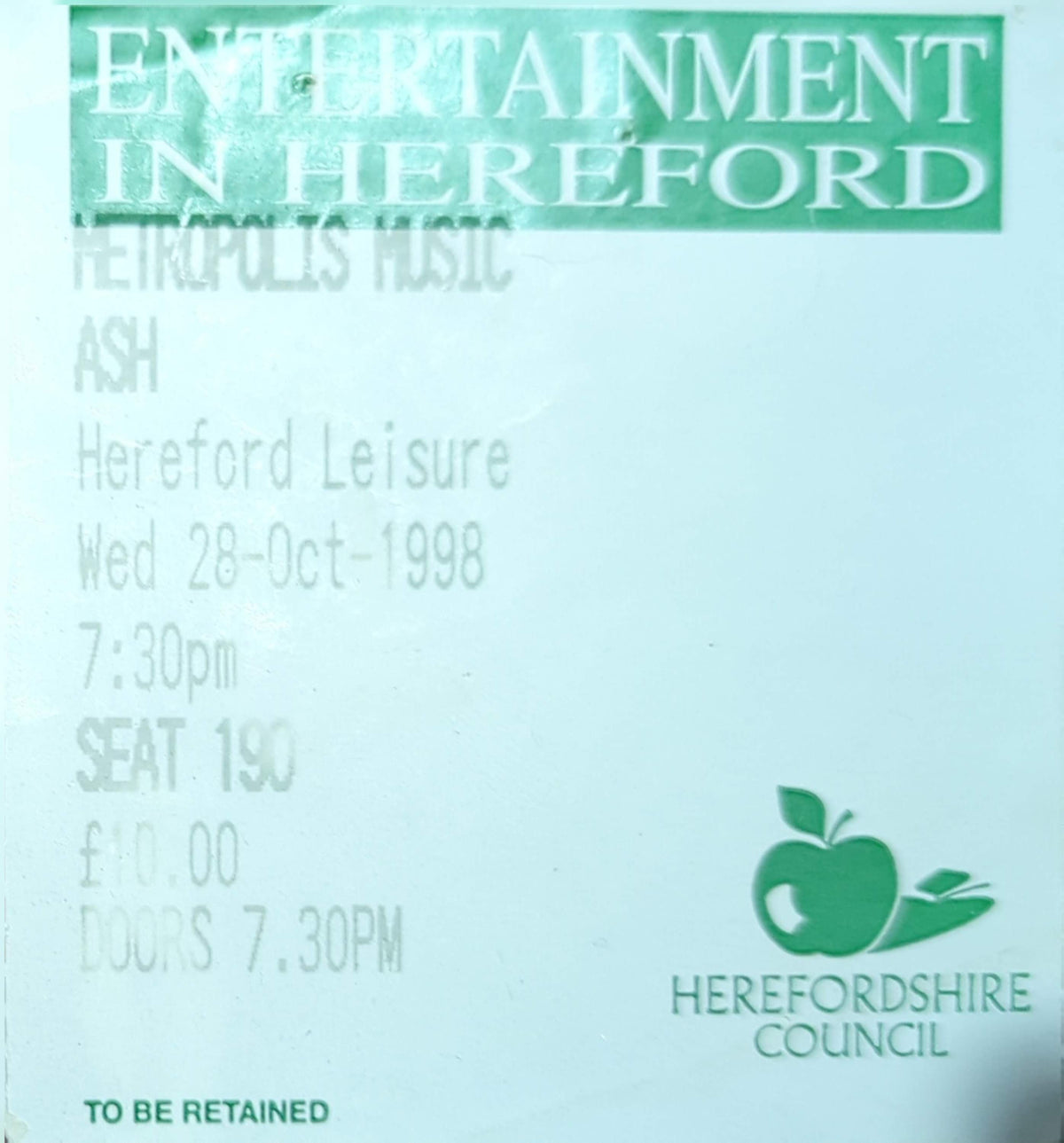 Ash - 1998 Original Vintage Concert Ticket Seat #190