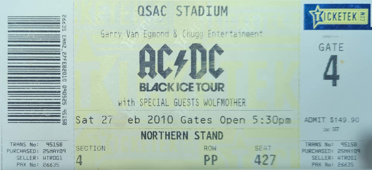 AC/DC - 2010 Original Vintage Concert Ticket Seat #PP427