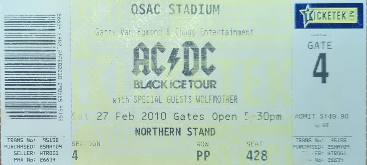 AC/DC - 2010 Original Vintage Concert Ticket Seat #PP428
