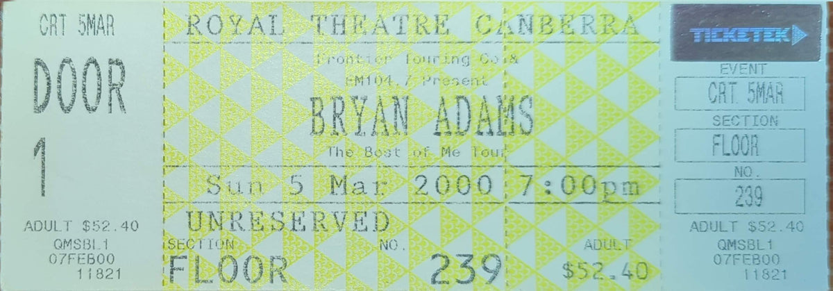 Bryan Adams - 2000 Original Vintage Concert Ticket Seat #239