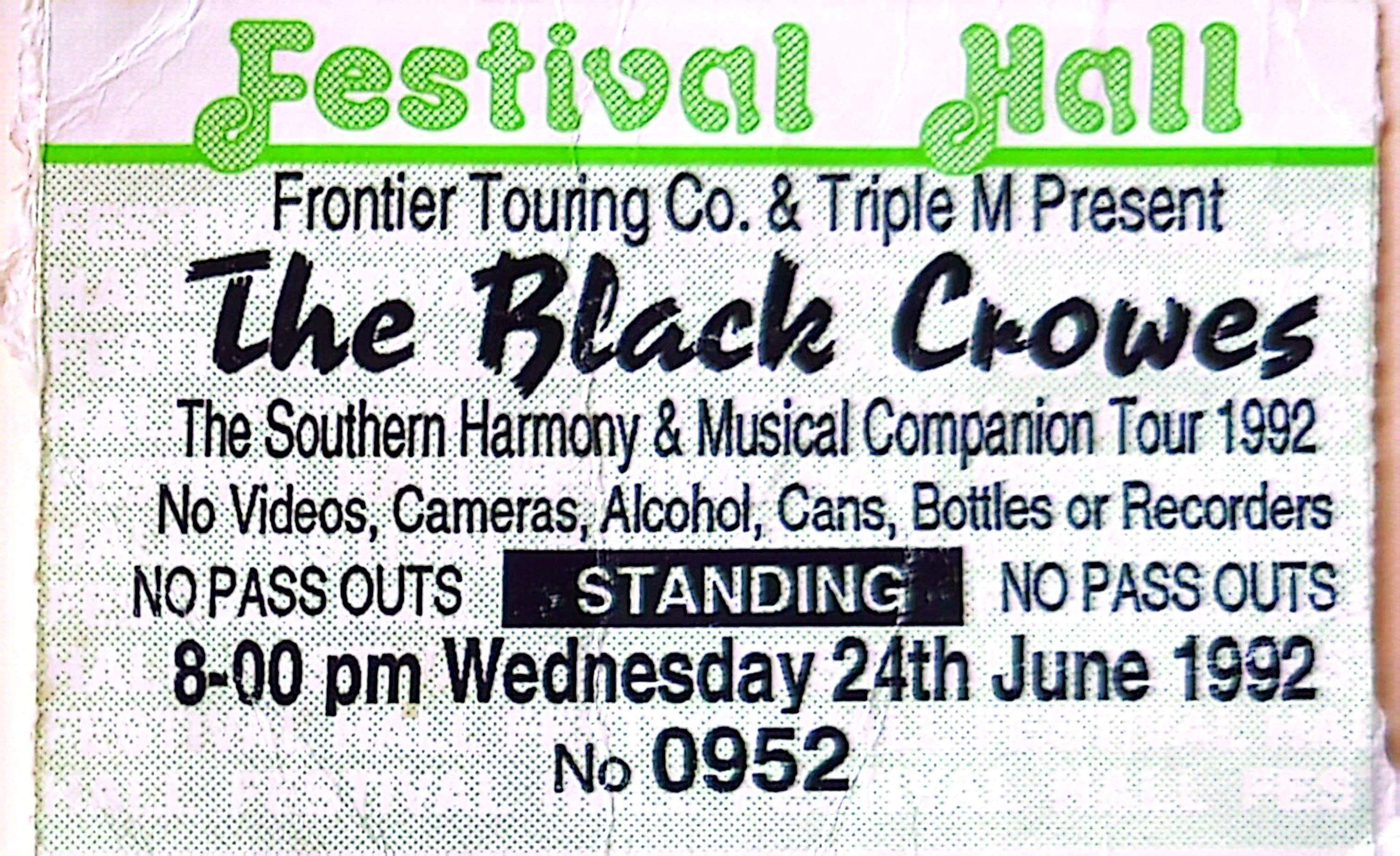 Black Crowes - 1992 Original Vintage Concert Ticket Seat 952