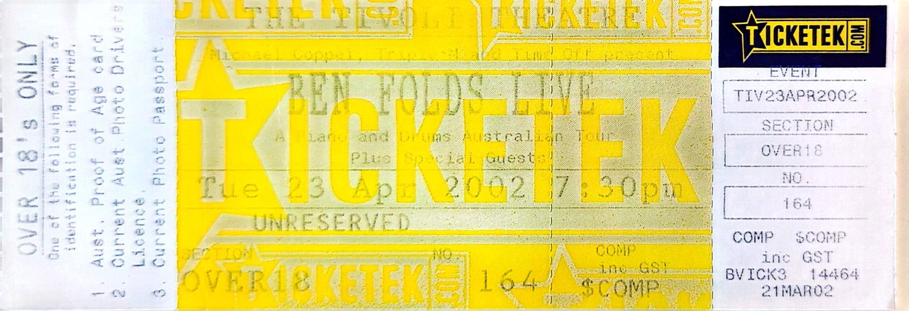 Ben Folds - 2002 Original Vintage Concert Ticket Seat 164