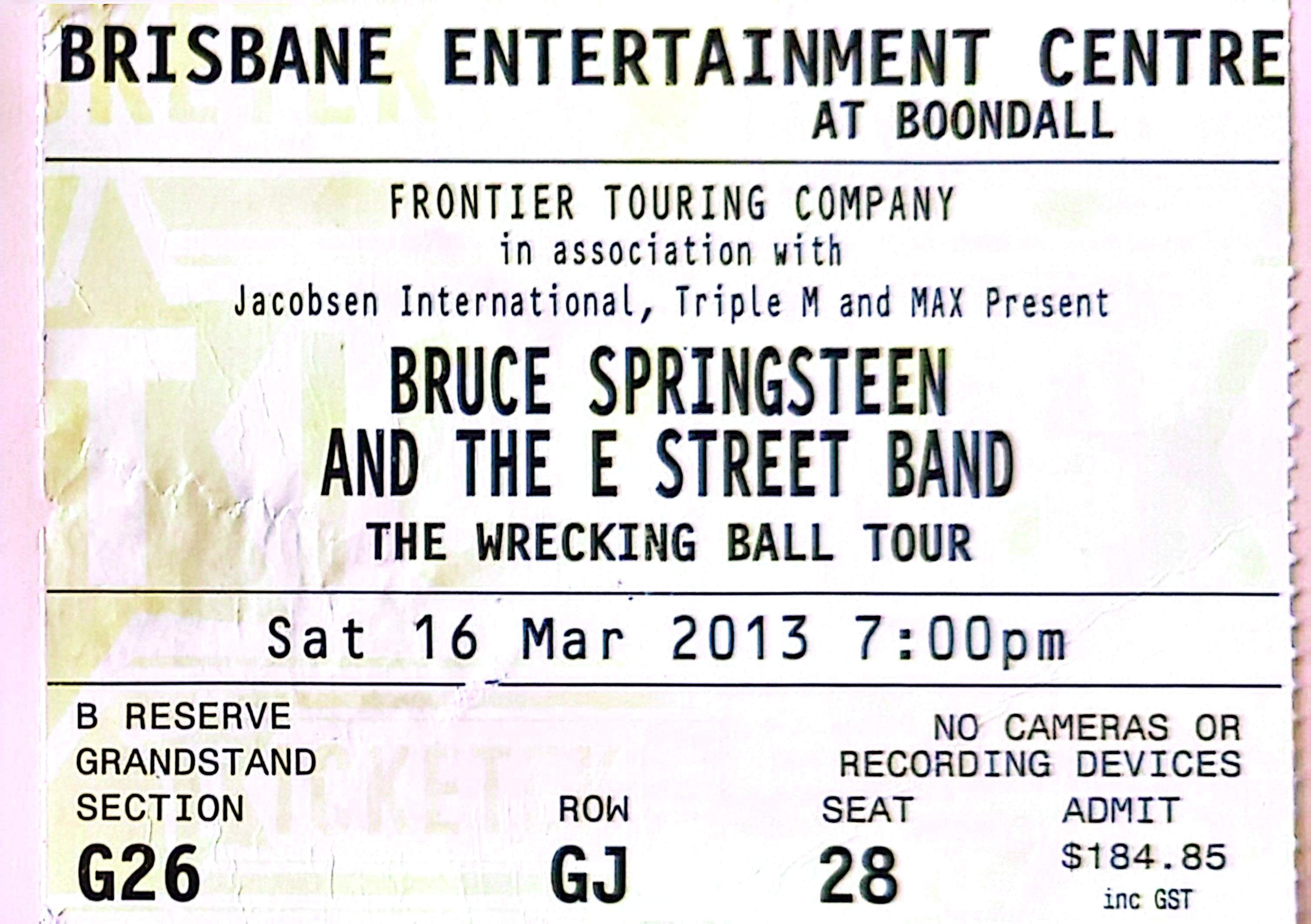 Bruce Springsteen and The E Street Band - 2013 Original Vintage Concert Ticket Seat 28