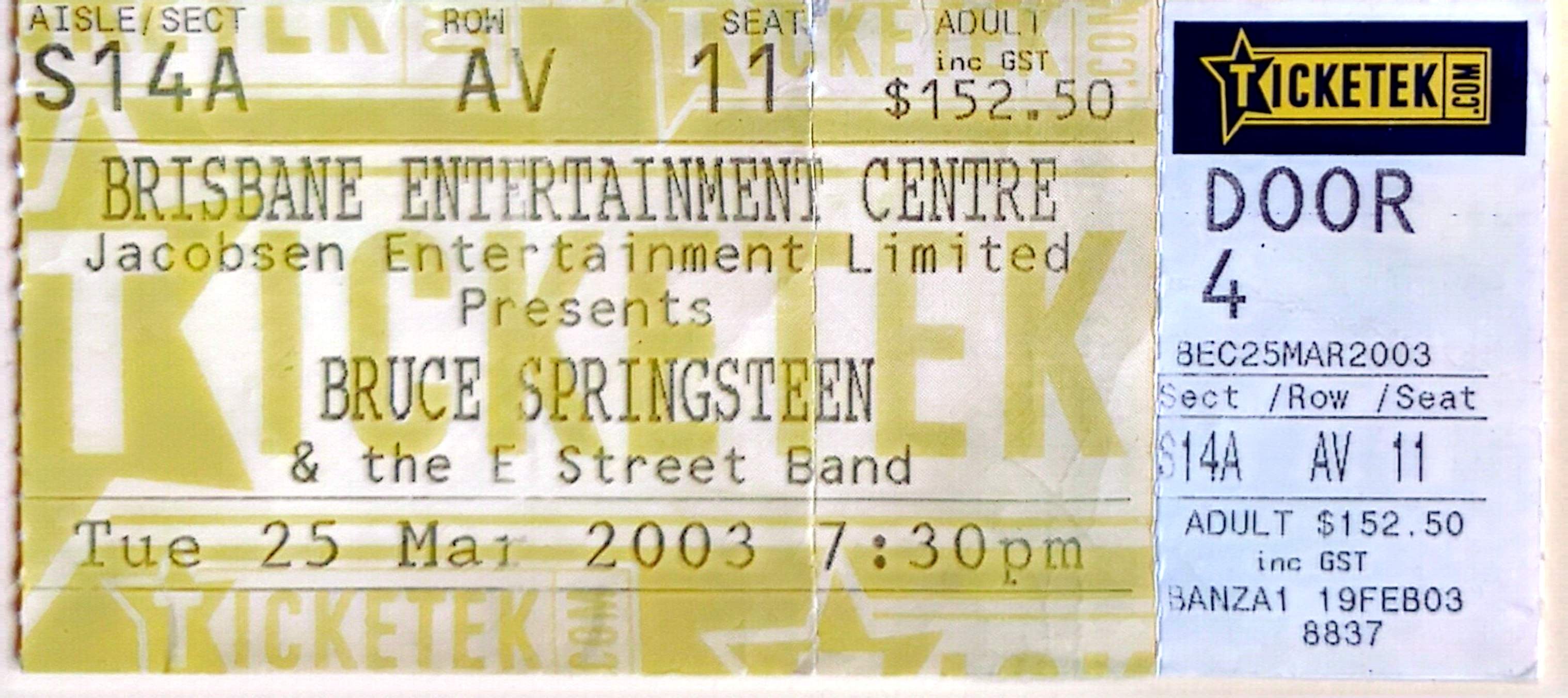 Bruce Springsteen and The E Street Band - 2003 Original Vintage Concert Ticket Seat 11