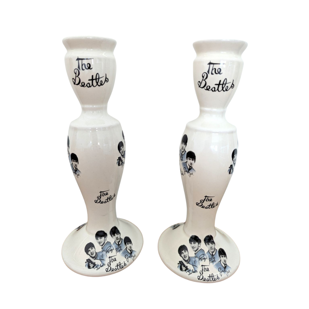 Beatles - Vintage 1980s Liverpool Pair Of Pottery Candlestick Holders (Used)
