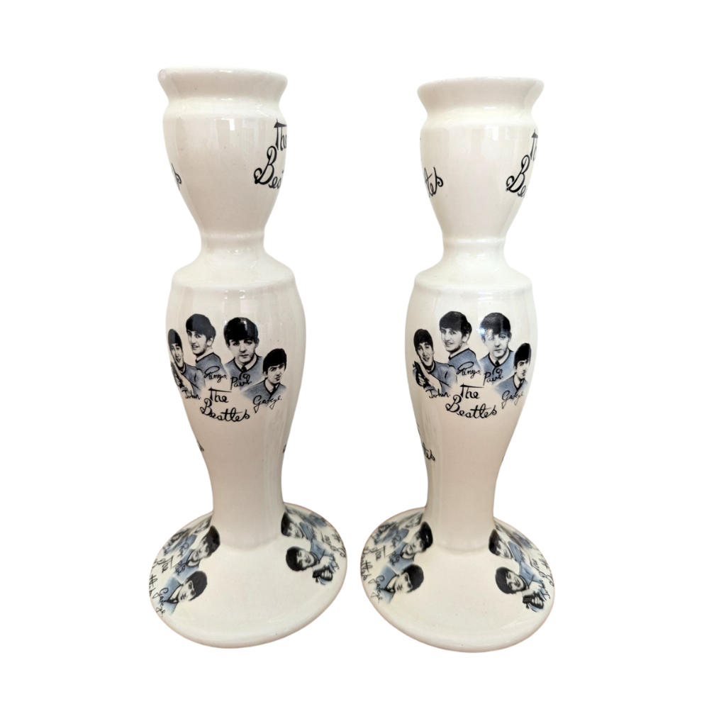 Beatles - Vintage 1980s Liverpool Pair Of Pottery Candlestick Holders (Used)