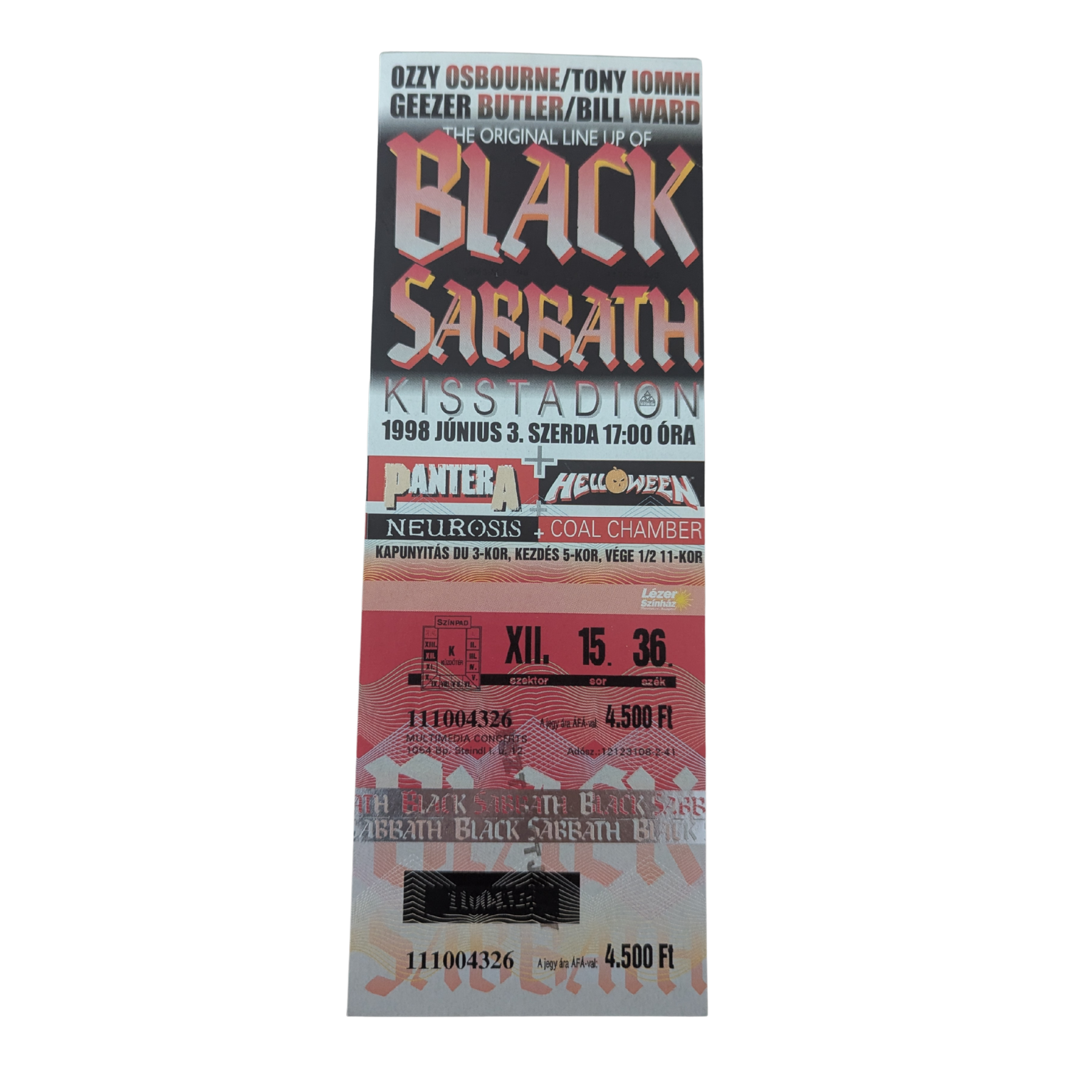 Black Sabbath - Budapest 1998 Original Vintage Concert Ticket