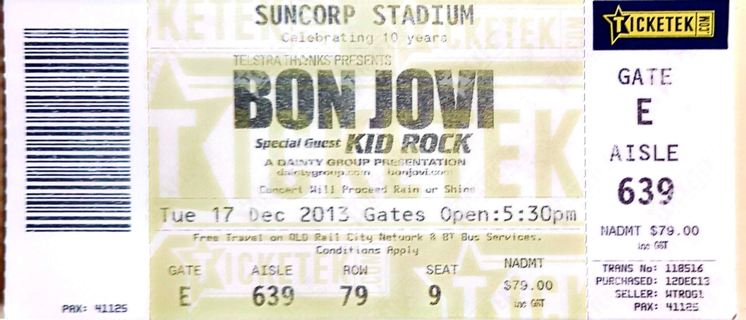 Bon Jovi - 2013 Original Vintage Concert Ticket Seat 9