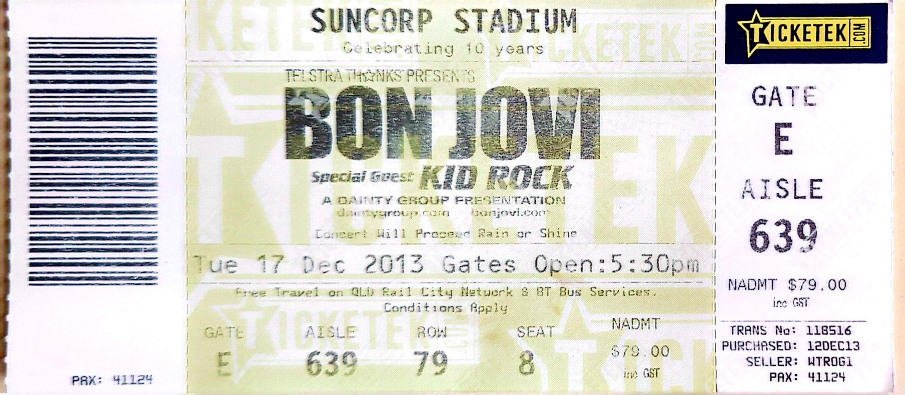 Bon Jovi - 2013 Original Vintage Concert Ticket Seat 8