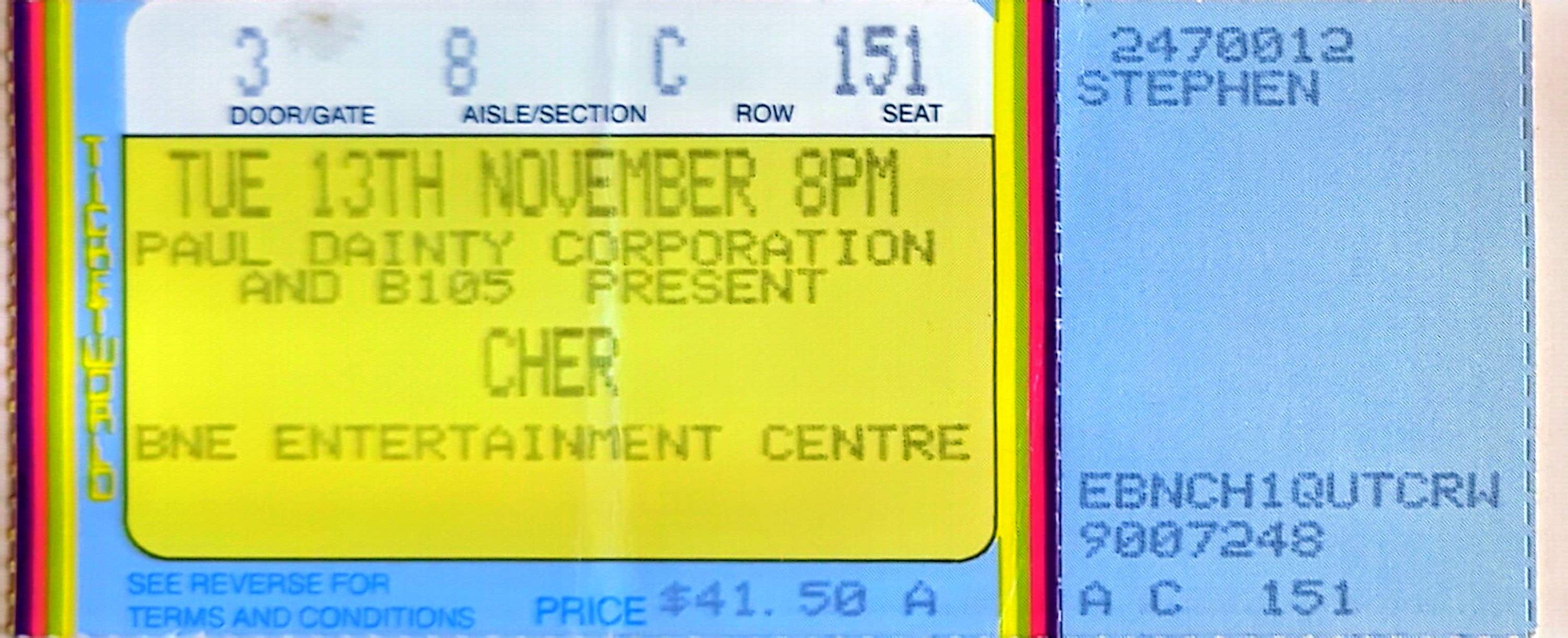 Cher -1999 Original Vintage Concert Ticket Seat 151