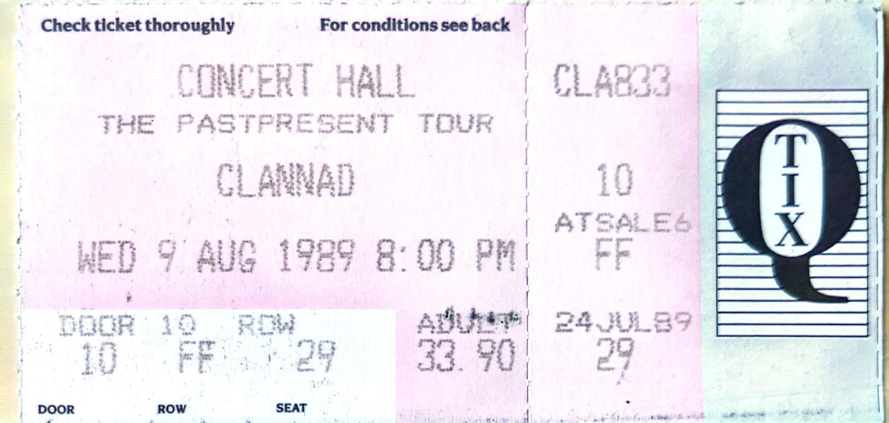 Clannad - 1989 Original Vintage Concert Ticket Seat 29