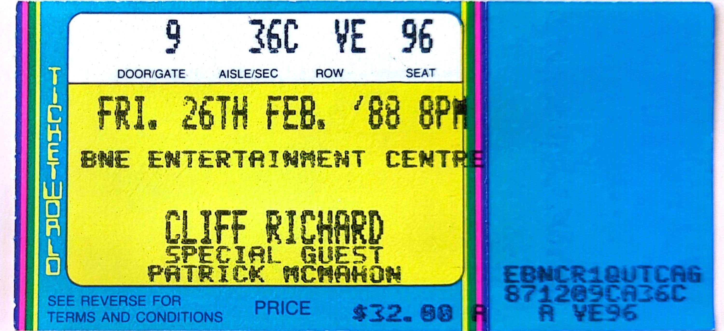 Cliff Richard - 1988 Original Vintage Concert Ticket Seat 96