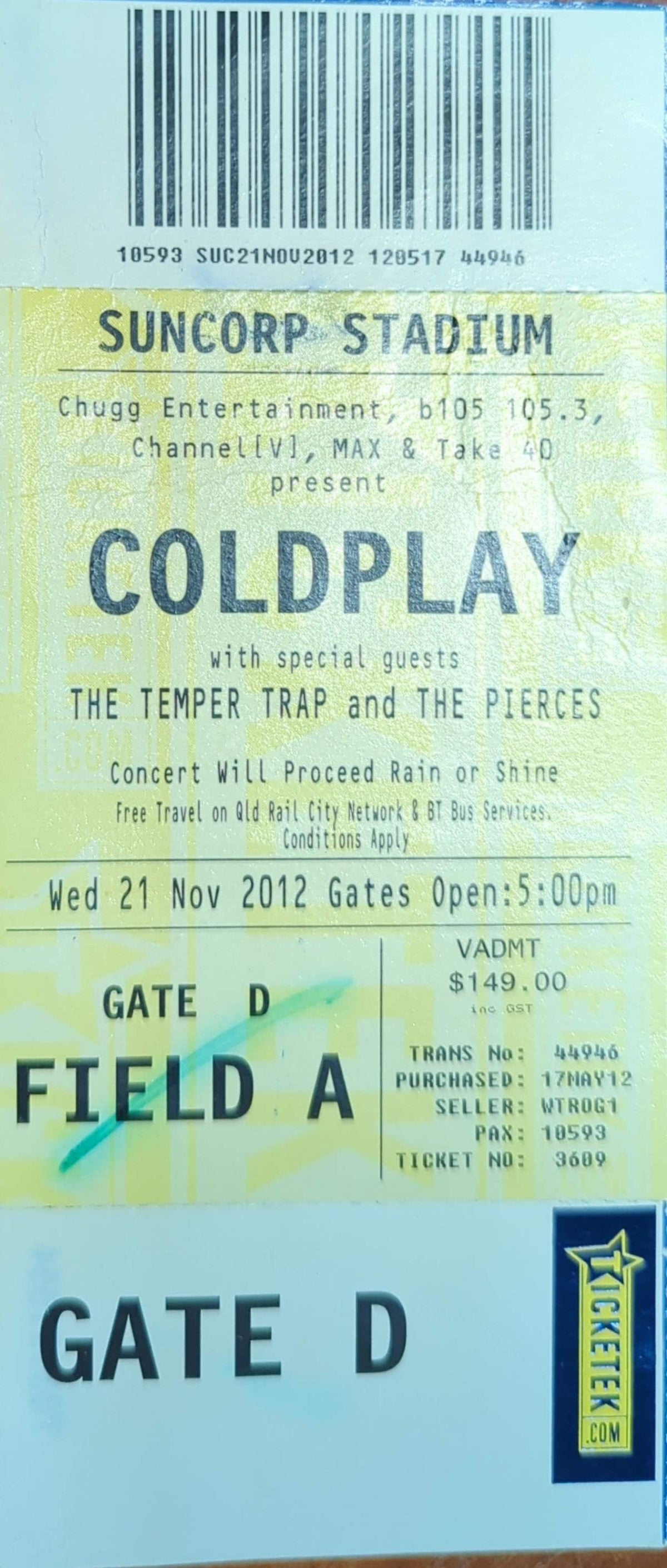 Coldplay - 2012 Original Vintage Concert Ticket