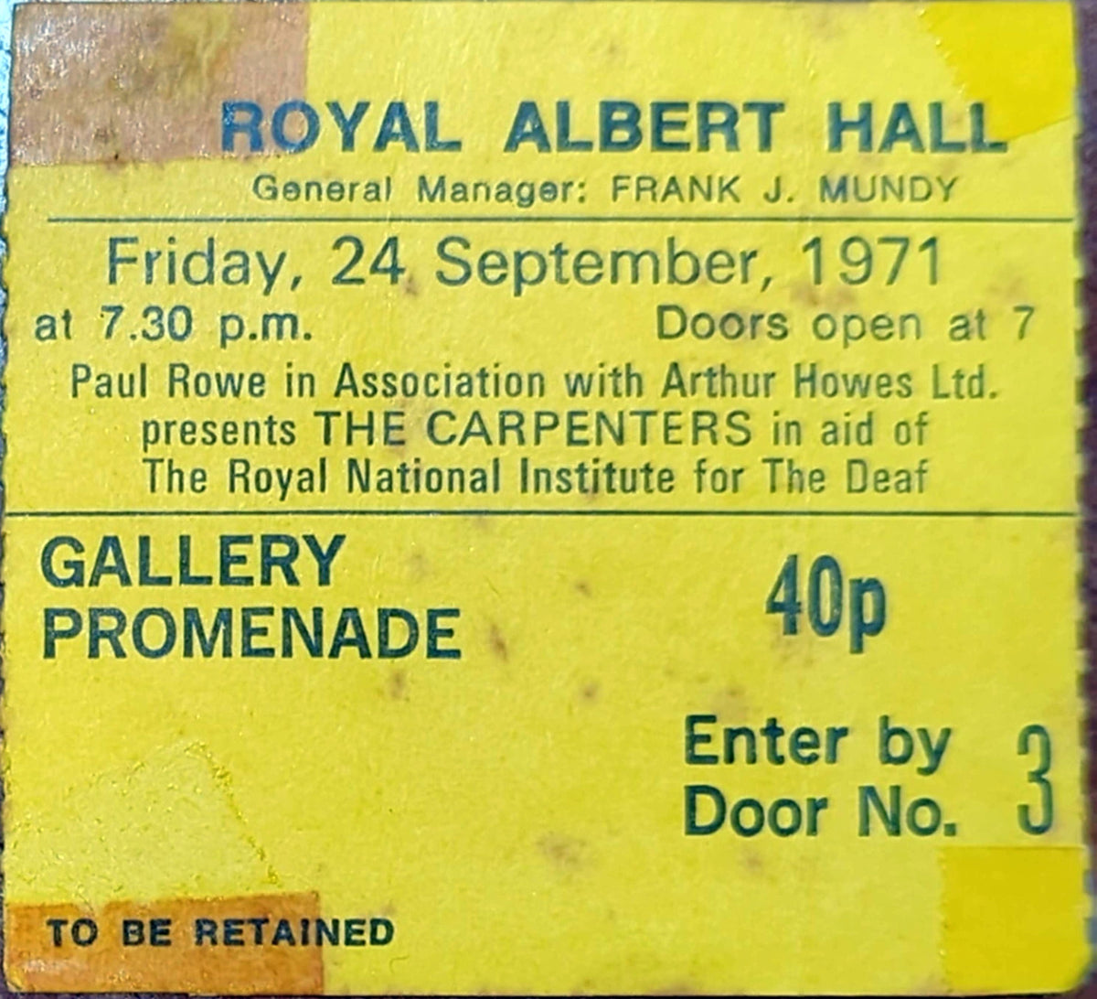 Carpenters - 1971 Original Vintage Concert Ticket Seat #40P