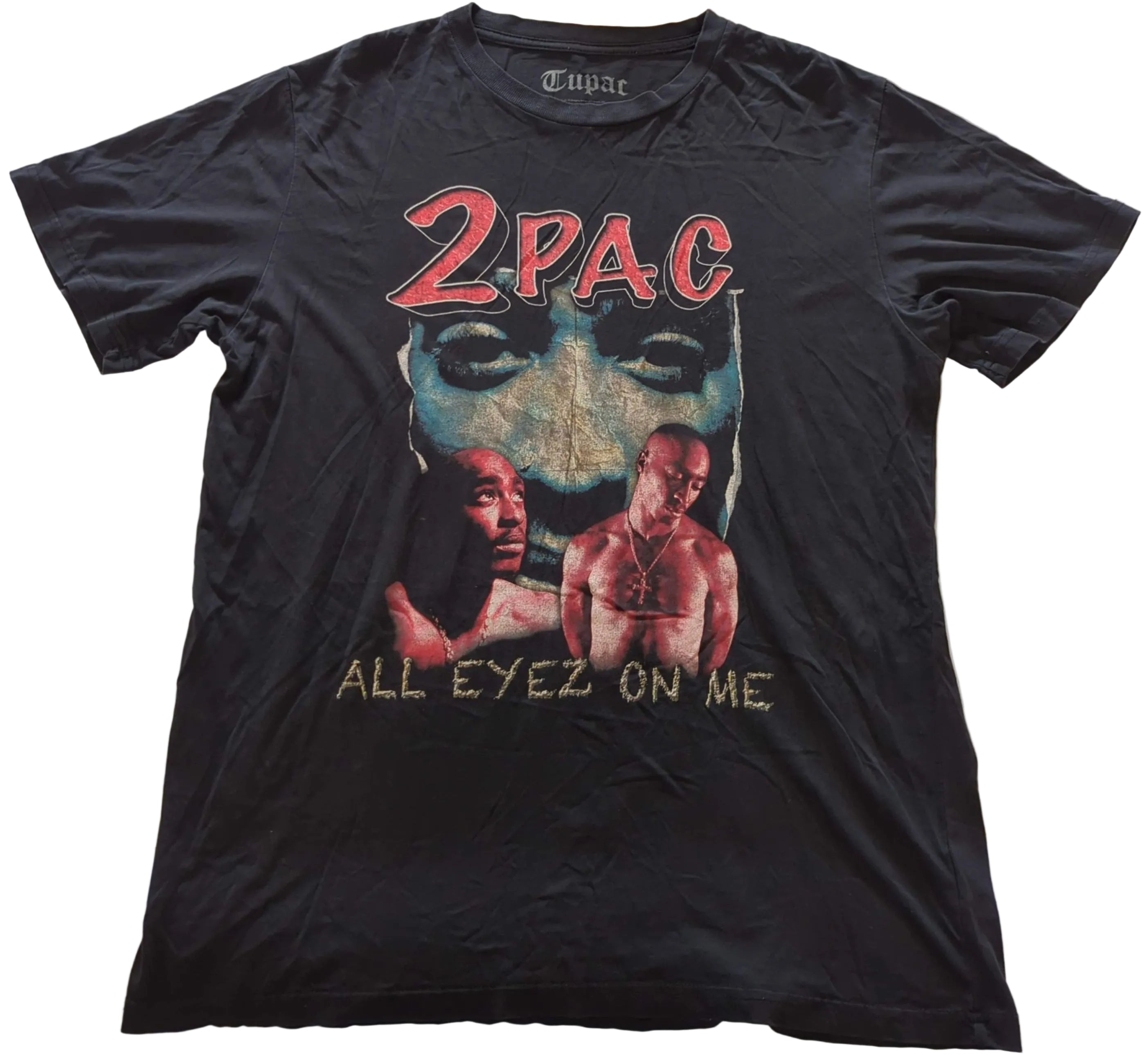 Black t-shirt with 2Pac graphic design on a white background