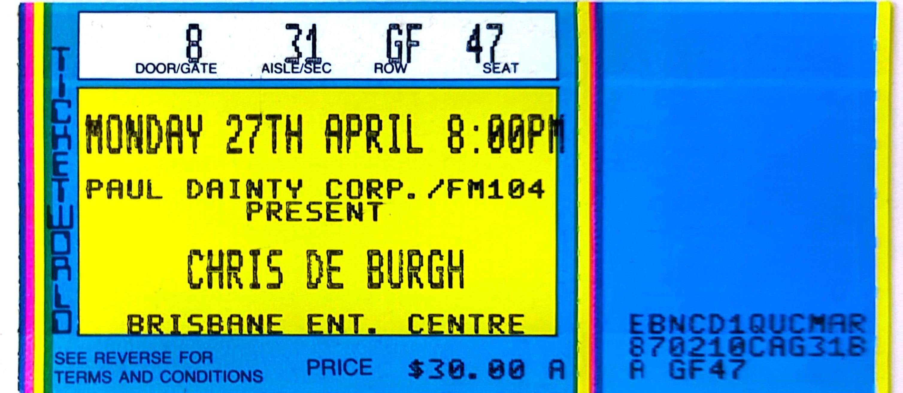 Chris De Burgh - 1987 Original Vintage Concert Ticket Seat 47
