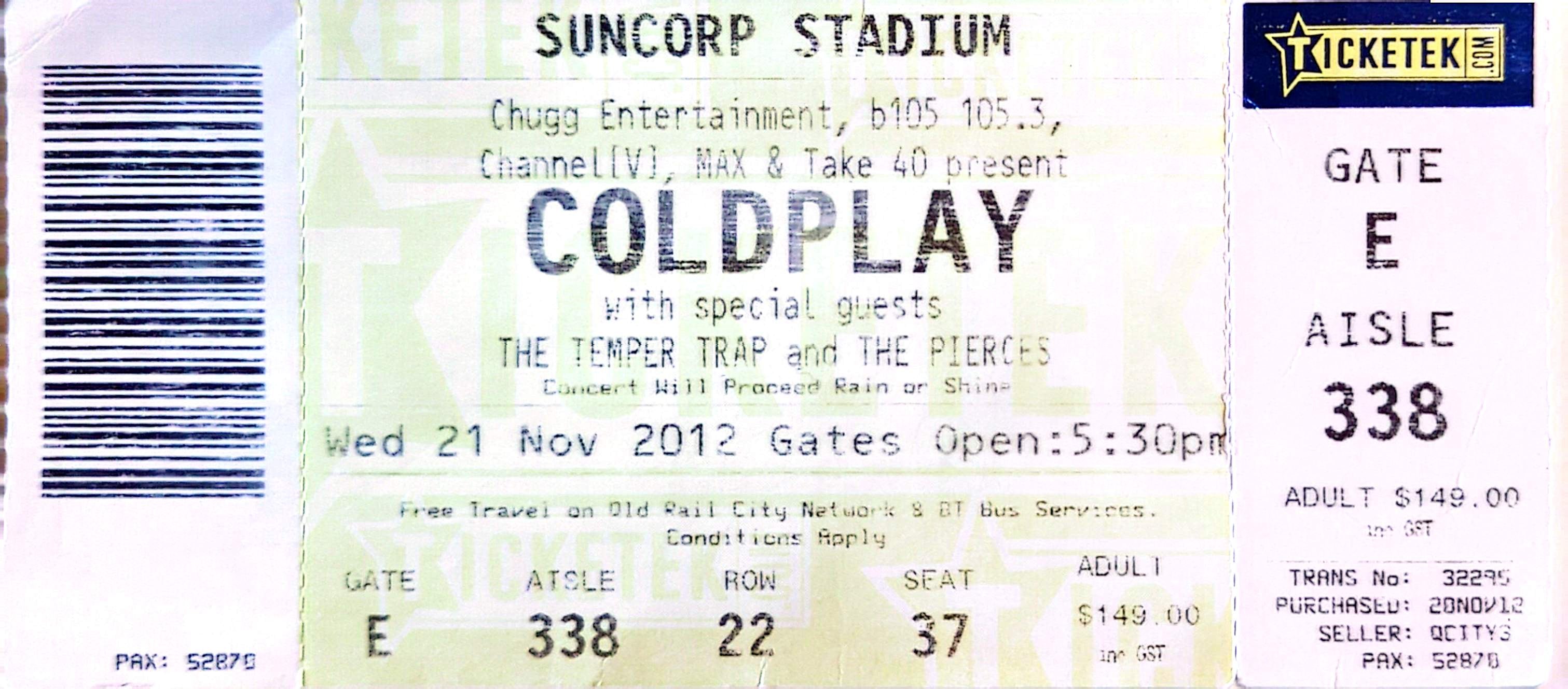 Coldplay - 2012 Original Vintage Concert Ticket Seat 37