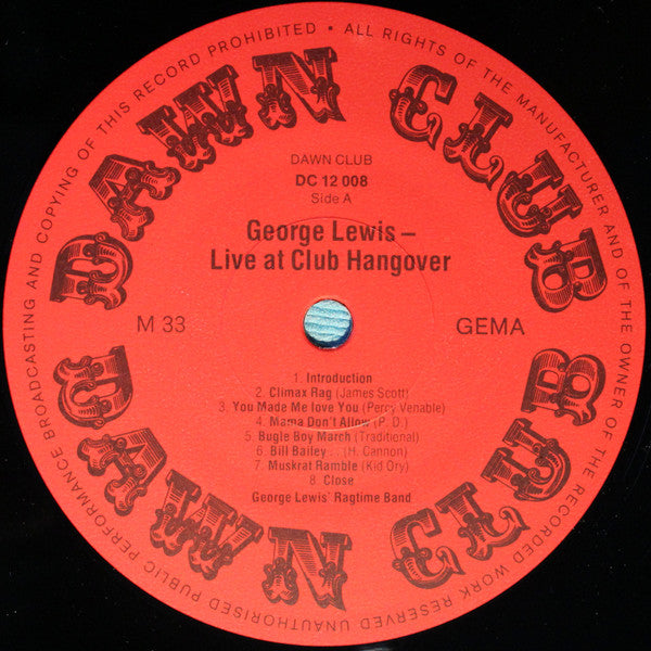 George Lewis & His Ragtime Band - Live At Club Hangover Vinyl LP (Used)