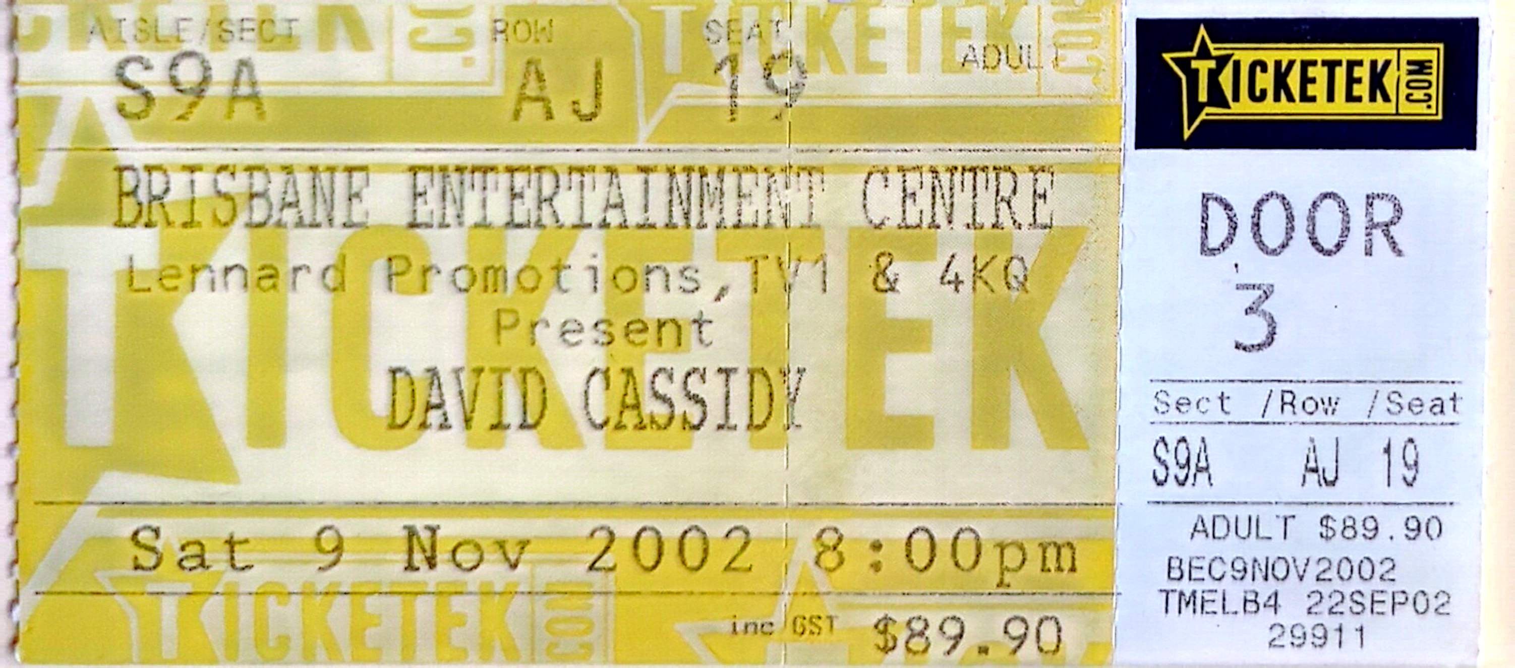David Cassidy - 2002 Original Vintage Concert Ticket Seat 19