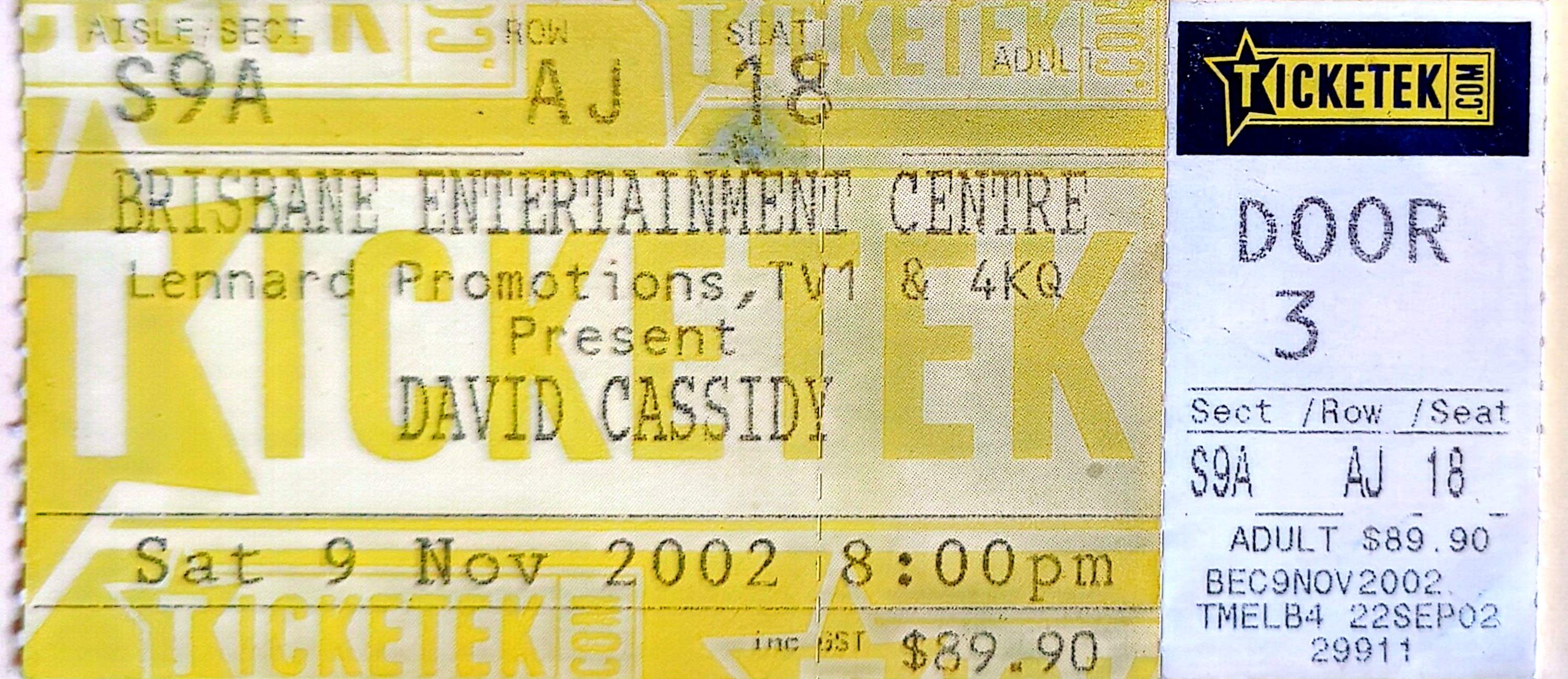 David Cassidy - 2002 Original Vintage Concert Ticket Seat 18