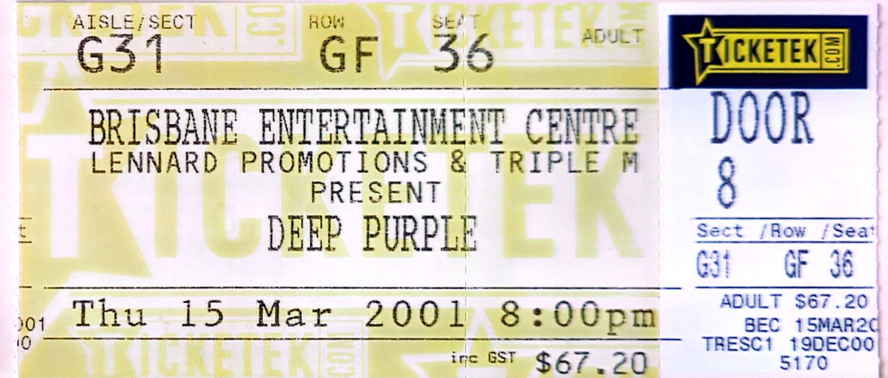 Deep Purple - 2001 Original Vintage Concert Ticket Seat 36