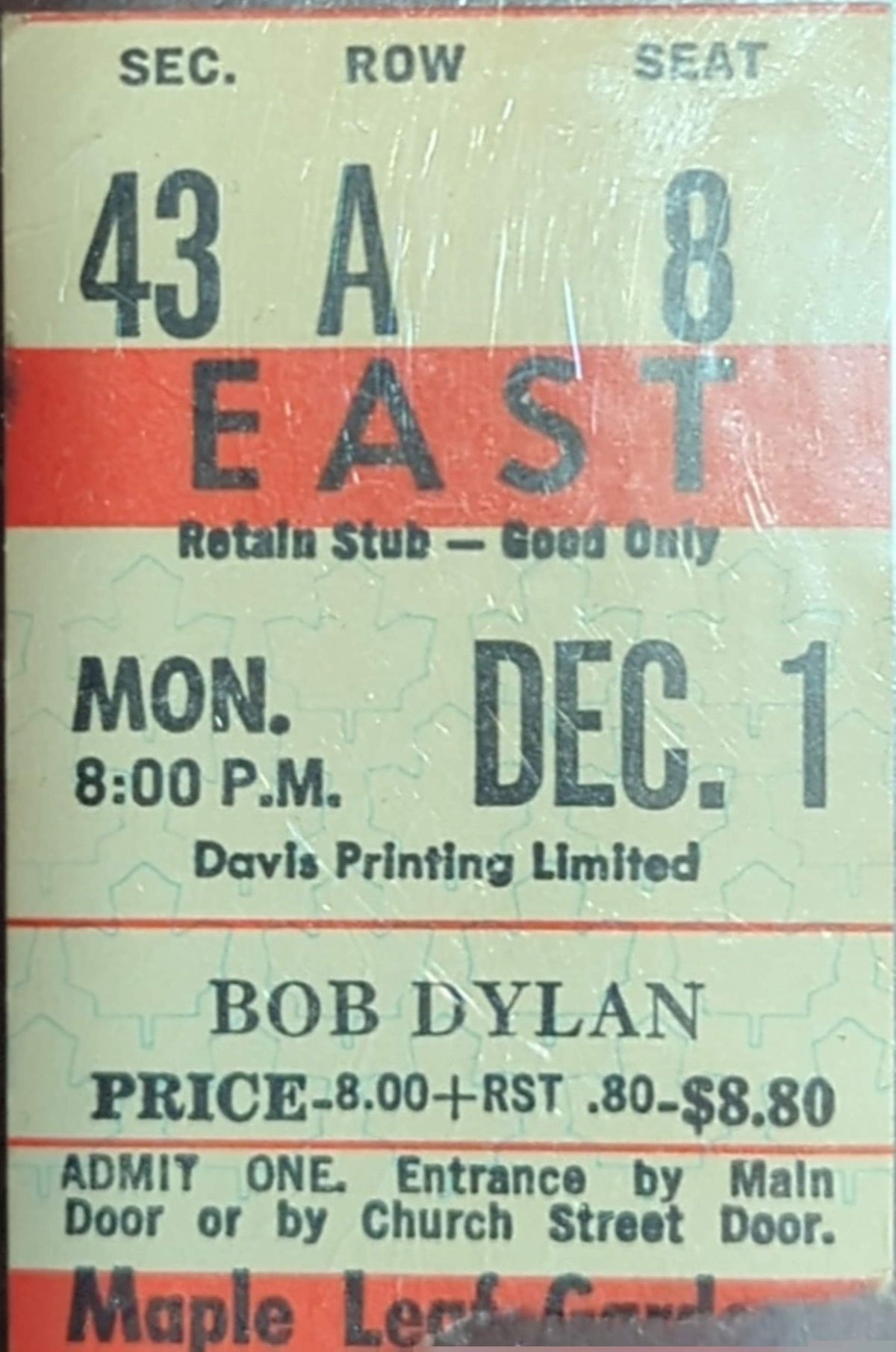 Bob Dylan - 1975 Original Vintage Concert Ticket Seat #A8