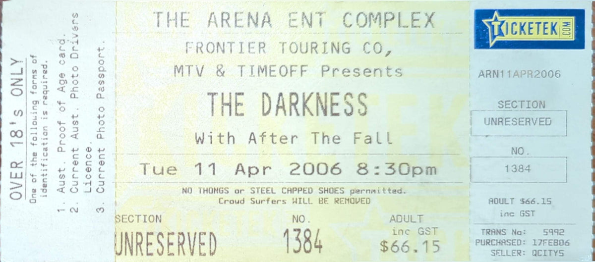 Darkness - 2006 Original Vintage Concert Ticket Seat #1384