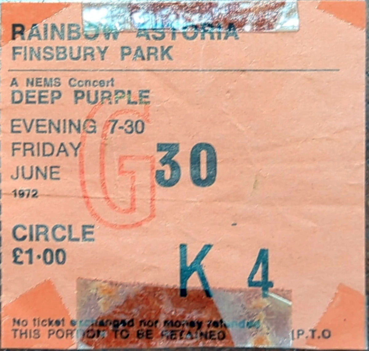 Deep Purple - 1972 Original Vintage Concert Ticket Seat #K4