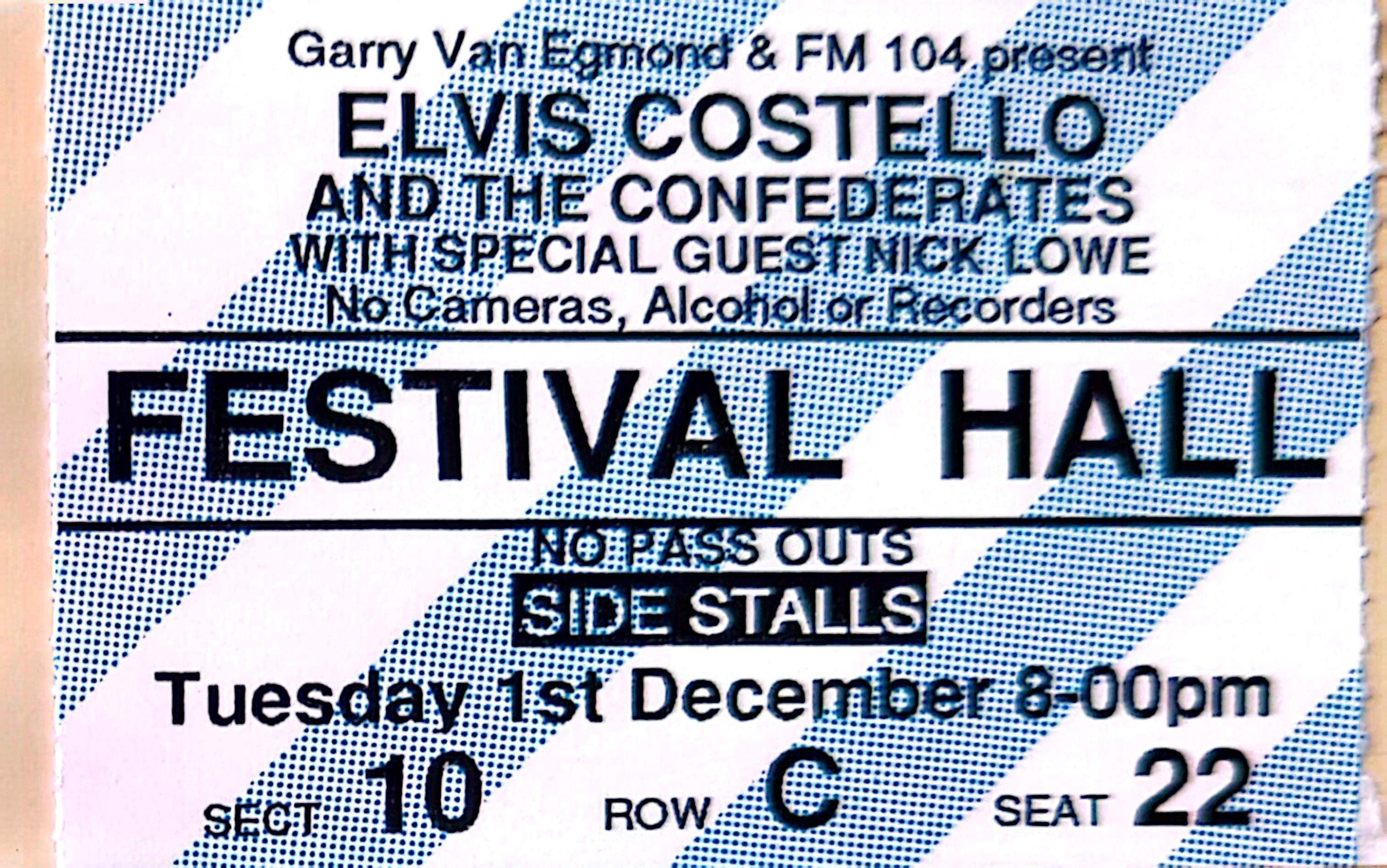 Elvis Costella & The Confederates - 1980 Original Vintage Concert Ticket Seat 22