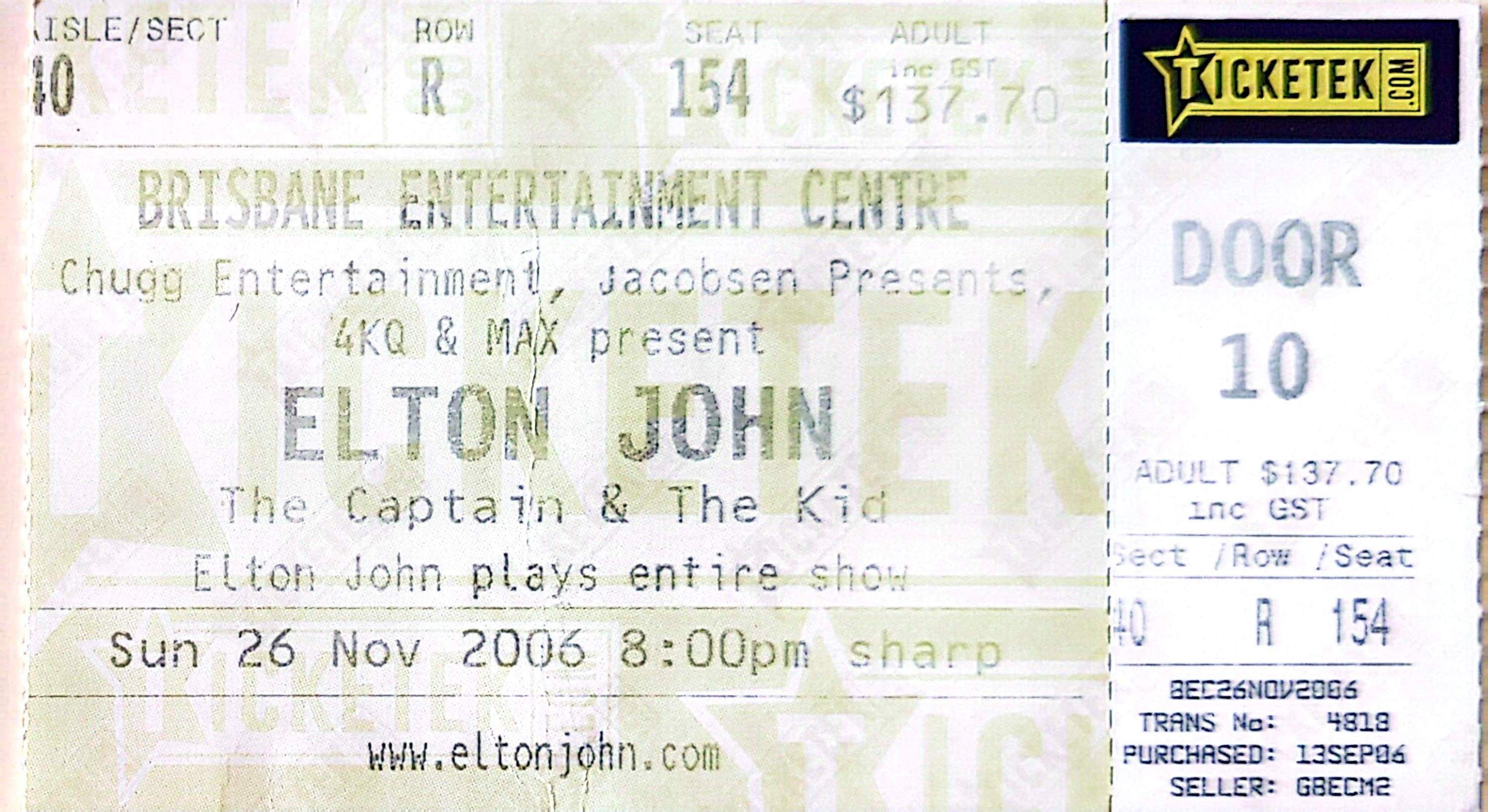 Elton John - 2006 Original Vintage Concert Ticket Seat 154