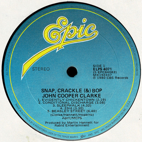 John Cooper Clarke - Snap, Crackle & Bop Vinyl LP (Used)
