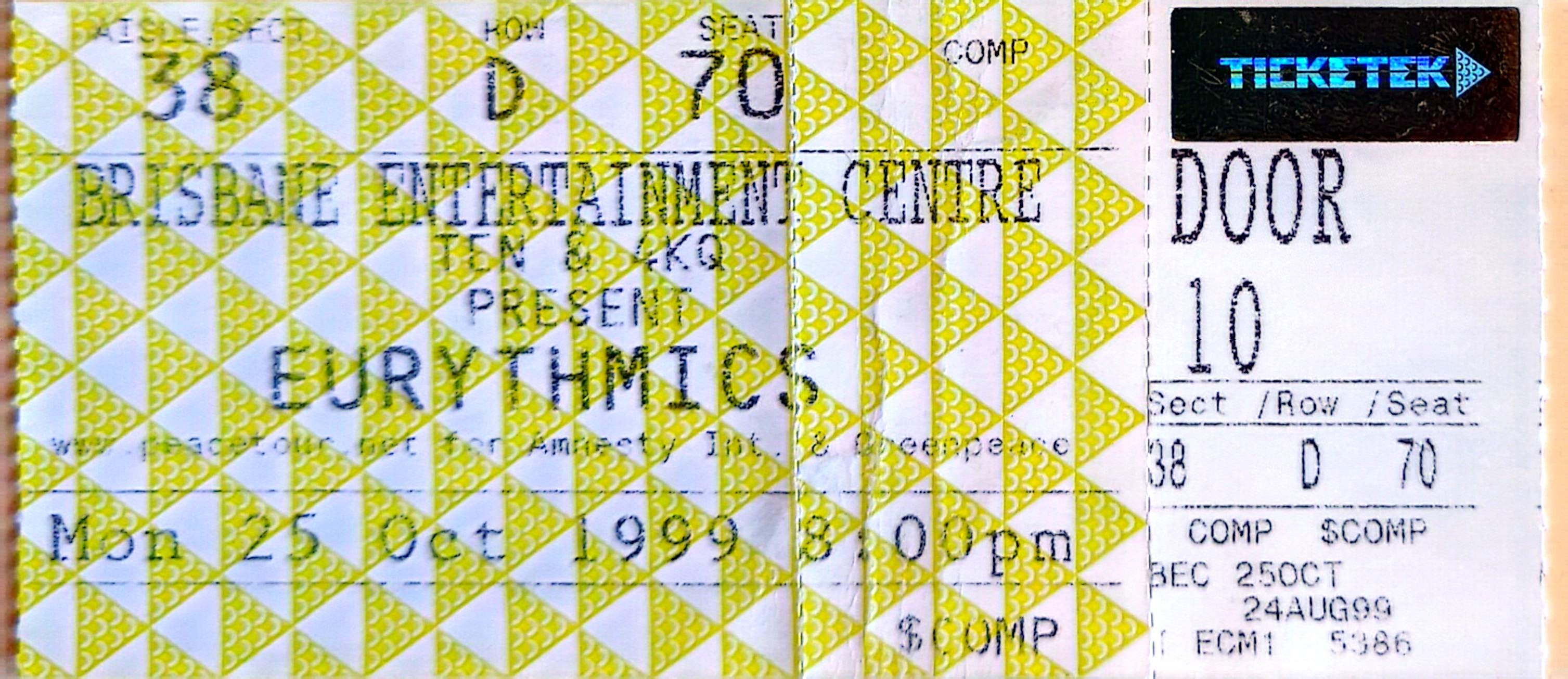 Eurythmics - 1999 Original Vintage Concert Ticket Seat 70