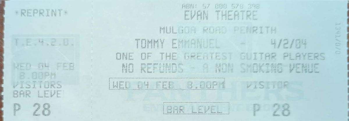 Tommy Emmanuel - 2004 Original Vintage Concert Ticket Seat #P28
