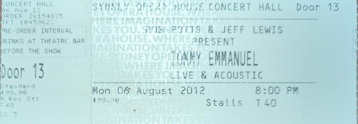 Tommy Emmanuel - 2012 Original Vintage Concert Ticket Seat #T41