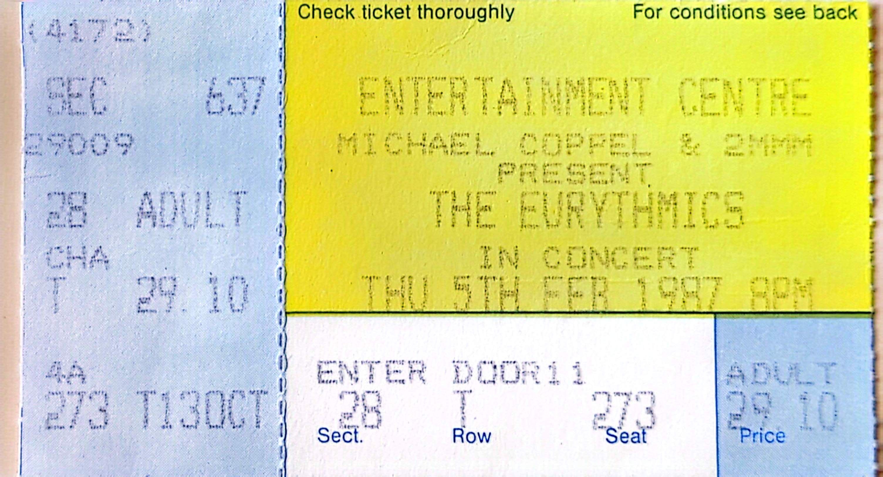 Eurythmics - 1987 Original Vintage Concert Ticket Seat 273