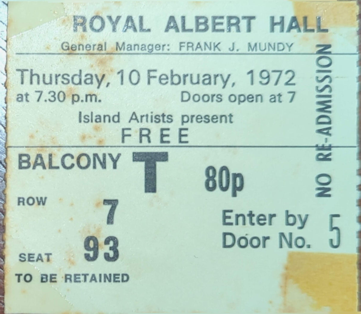 Free - 1972 Original Vintage Concert Ticket Seat #93