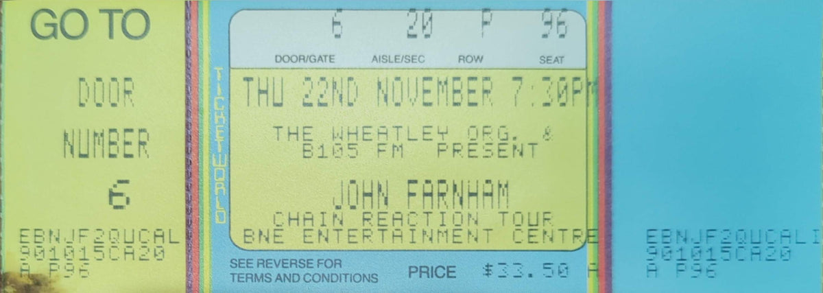 John Farnham - 1990 Original Vintage Concert Ticket Seat #P96