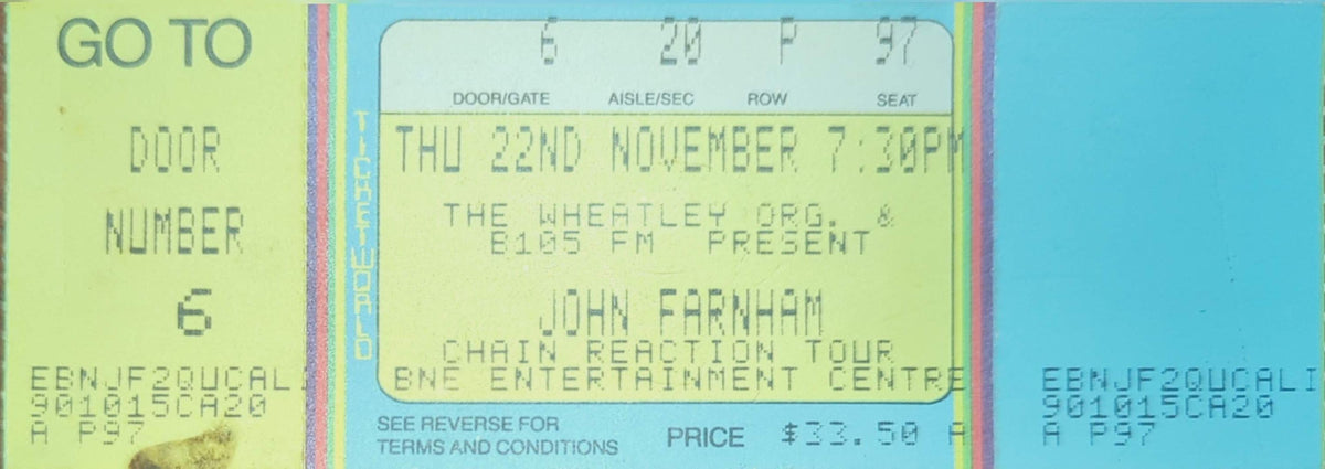 John Farnham - 1990 Original Vintage Concert Ticket Seat #P97