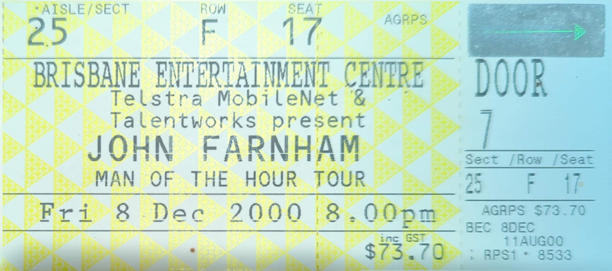 John Farnham - 2000 Original Vintage Concert Ticket Seat #F17