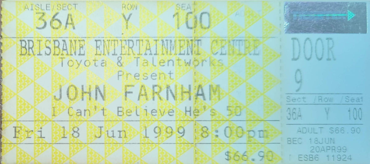 John Farnham - 1999 Original Vintage Concert Ticket Seat #Y100
