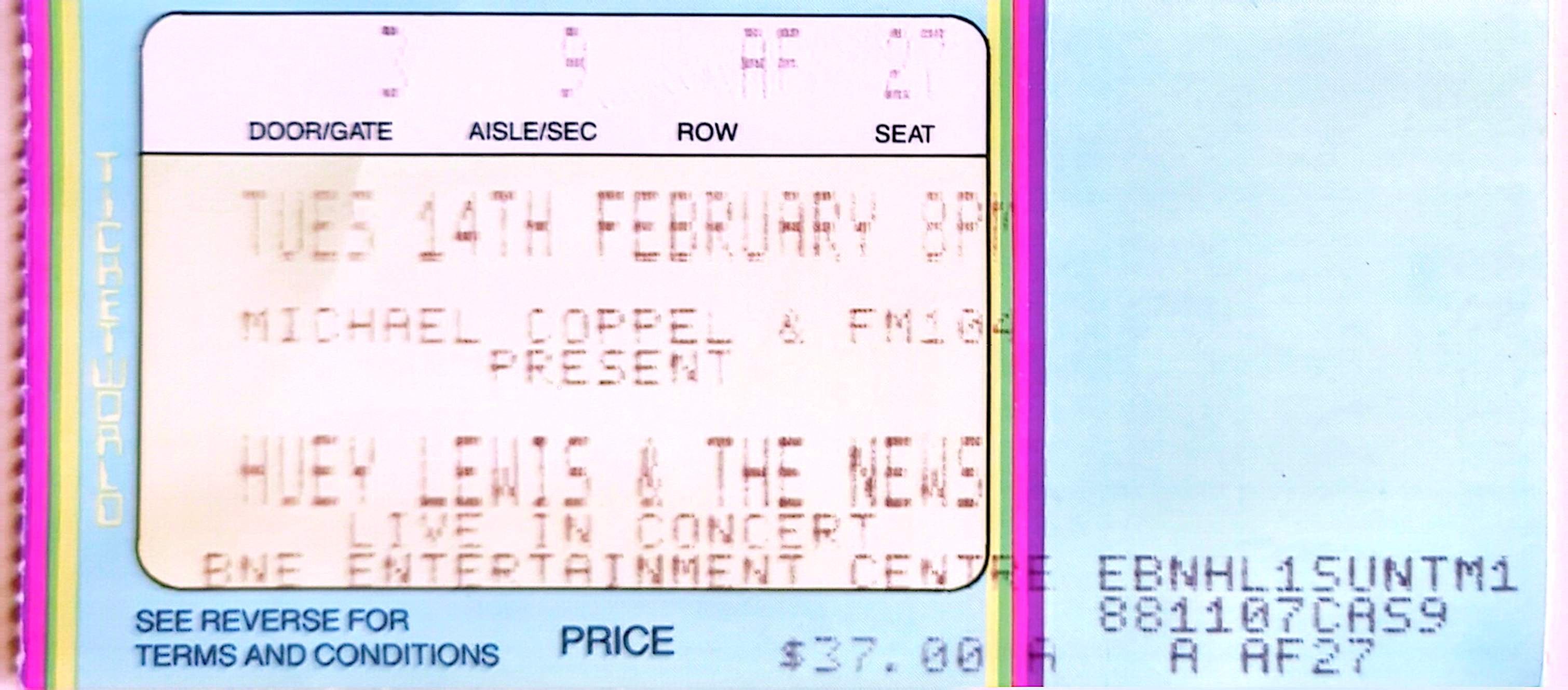 Huey Lewis and the News -1989 Original Vintage Concert Ticket Seat 27
