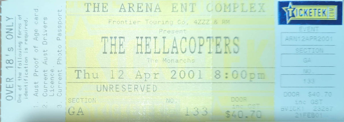 Hellacopters - 2001 Original Vintage Concert Ticket Seat #133