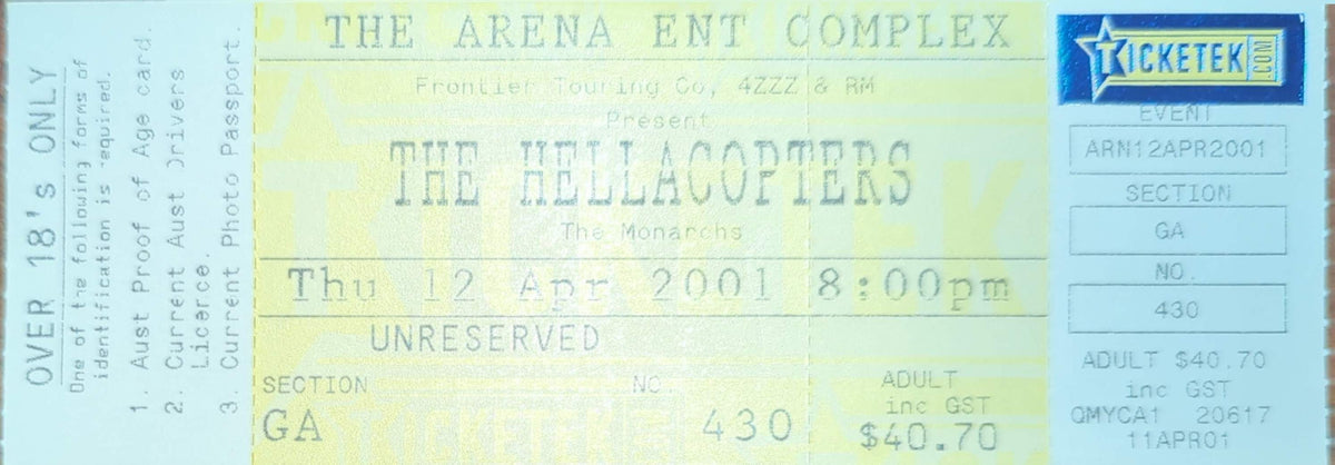 Hellacopters - 2001 Original Vintage Concert Ticket Seat #430